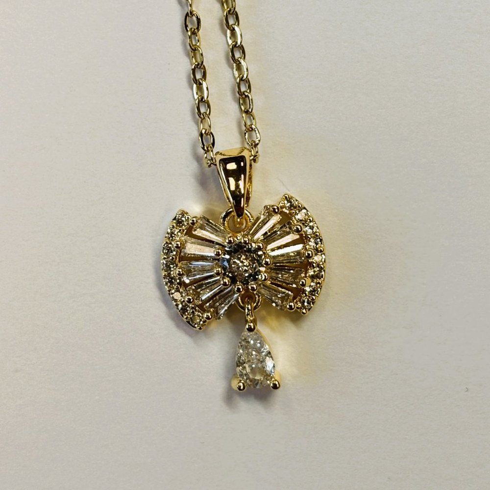 Gold Zircon Wing with Zircon Charm Pendant Necklace